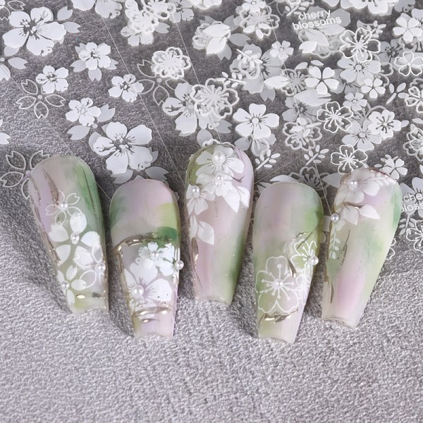 Mote Cherry Blossom Nail Art-klistremerke 3D Blomster Manikyr Des A5