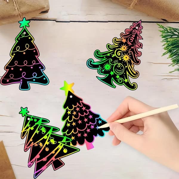 12/24 stk. Regnbue Scratch Art papir juletræsmønster DIY julepynt D