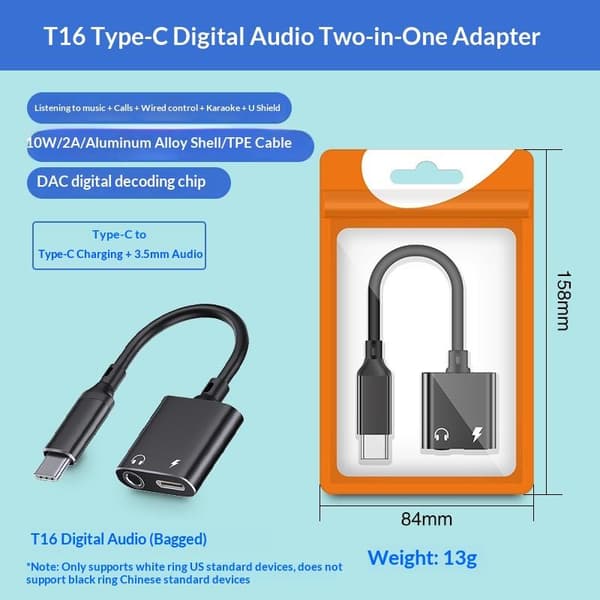 1 stk 2-i-1 Type-C til 3,5 mm AUX-lydadapter USB C hodetelefonlading A2
