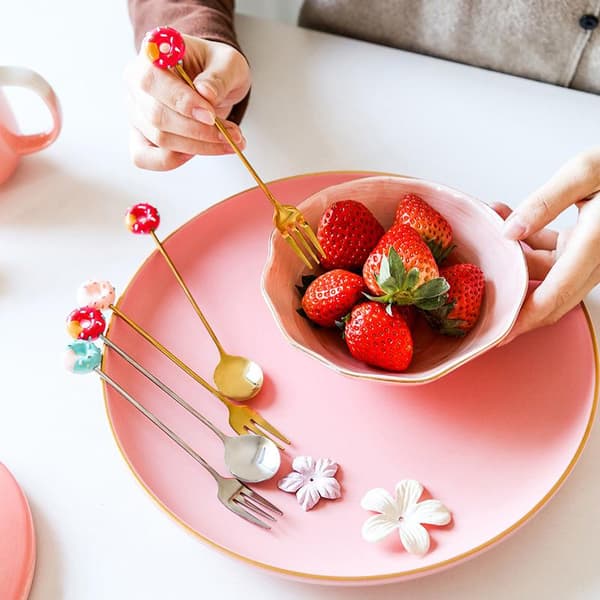 Donut-skje og -gaffel i rustfritt stål til iskrem, kake, dessert og kaffe Pink Fork