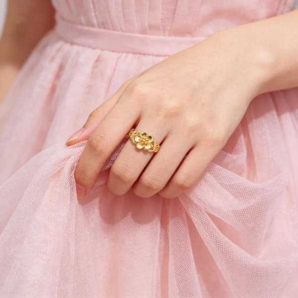 Gullbelagt ring for kvinner, heldig blomst, åpen justerbar ring, bryllup A10