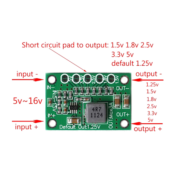 DC Step Down Power Converter Board 5-16V til 1,25V 1,5V 1,8V