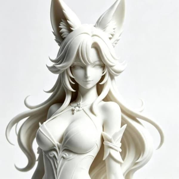 Elegant Kitsune-jente Ufarget PLA-skulptur Lang Fluffy Hale A1