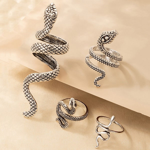 4st Snake Ring Set Kvinnor Män Geometrisk Kristall Öppen Silver Rin 4pcs sliver
