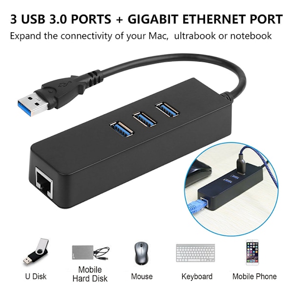 3-porte USB 3.0 Gigabit Ethernet Lan RJ45 netværksadapterhub