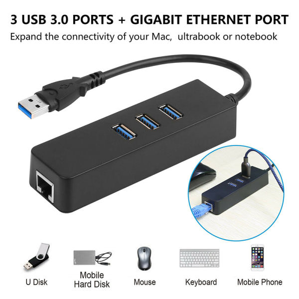 3-porttia USB 3.0 Gigabit Ethernet Lan RJ45 verkkosovitinkeskitin