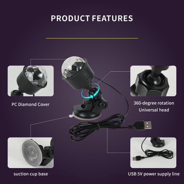 USB bil omgivelseslys 360° roterende hode sugekoppfeste og black