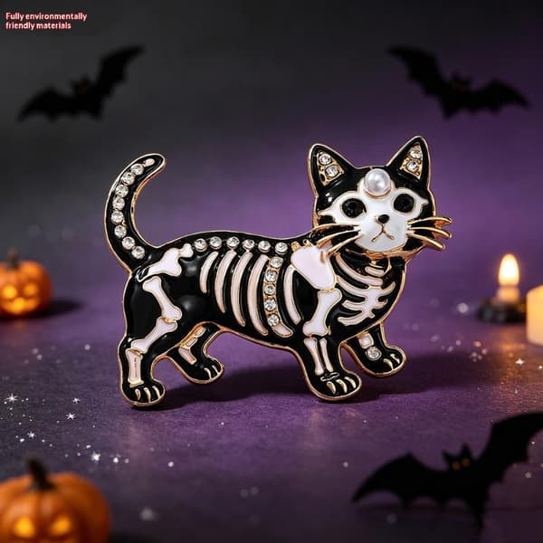 Barock Halloween Skelett Katt Droppande Olja Brosch Djurtema A1
