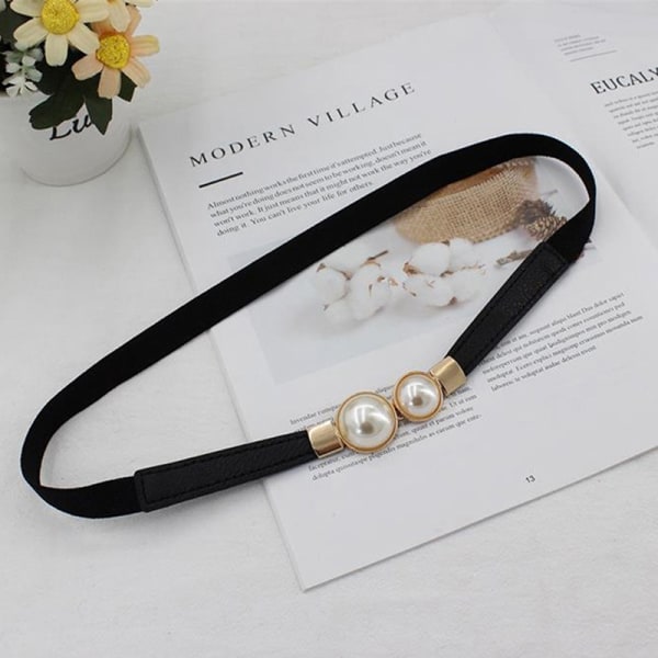 Muoti Naisten Double Pearl Belt PU-nahka mekko hame vyötärö El Black