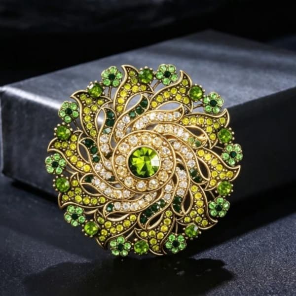 Antik Bronze Broche Mousserende Grøn Rhinestone Blomsterdesign A2