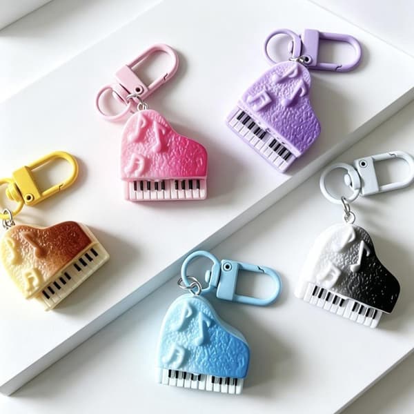 Nyckelring i minipianoform med gradientfärg och 3D-musiknotdetaljer A1