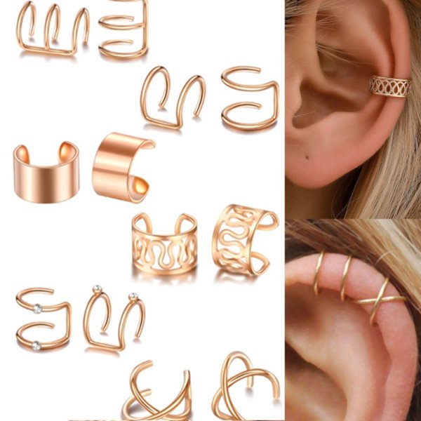 12 kpl / set korvarenkaat Leaf Ear Cuff Clip Korvakorut Black