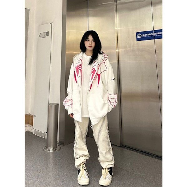 Spider Hoodie Dam Zip Up Casual Streetwear Retro Oversized Sw White M
