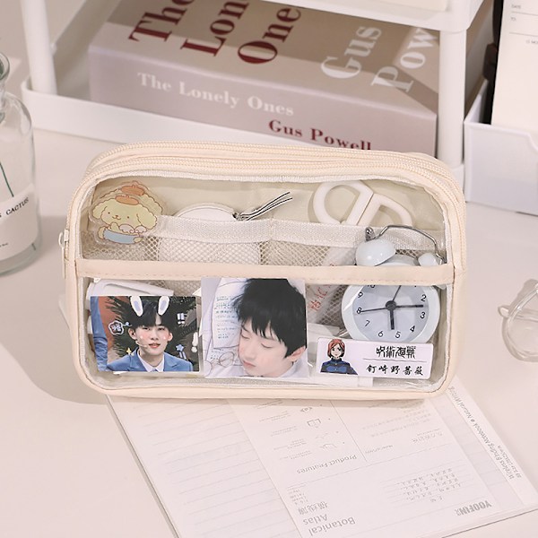 Läpinäkyvä kynälaukku, suuri kapasiteetti case , paperitavaralaatikko S Beige