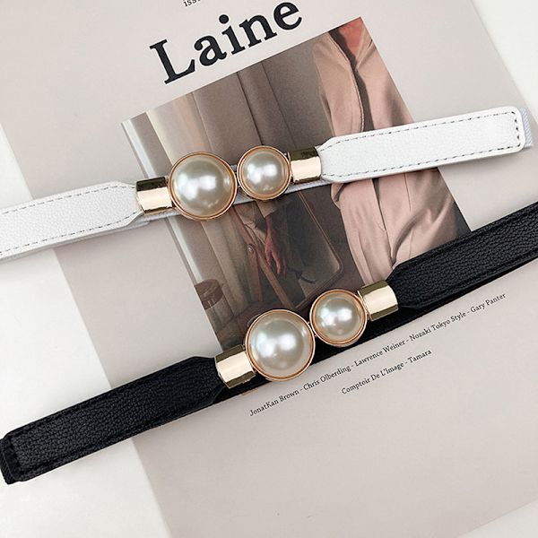 Muoti Naisten Double Pearl Belt PU-nahka mekko hame vyötärö El Black