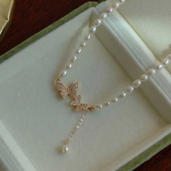 Sommer Dobbelt Rhinestone Butterfly Halskæde Mode Hvid Imita