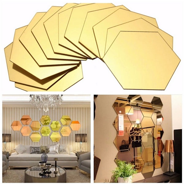 12Pcs 3D Mirror Hexagon Vinyl Removable Wall Sticker Decal Home Gold