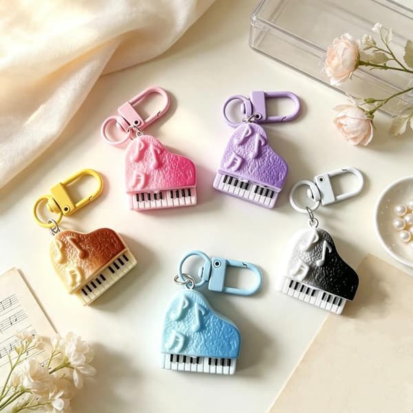Nyckelring i minipianoform med gradientfärg och 3D-musiknotdetaljer A4