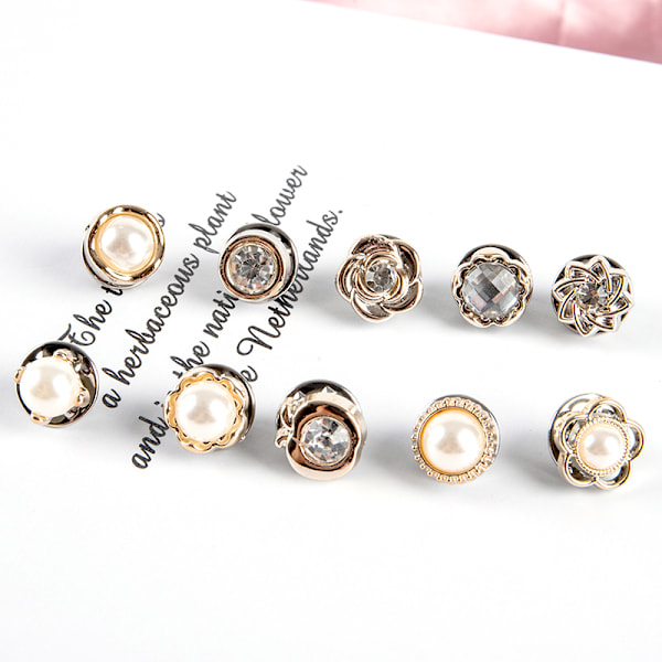 10 Stk Knap Broche Sæt Fashion Pearl Rhinestones Pin Coat Clot A3