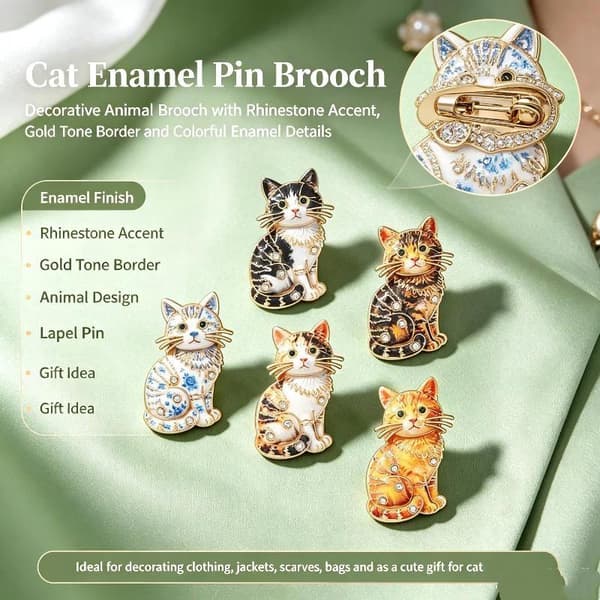 1 stk. yndig kattebroche, rhinsten, siddende killing, anim A2