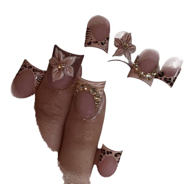 24 STK Andefot Press On Negler Med 3D Blomster Leopardmønster Gull