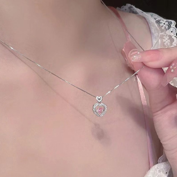 Vintage ihålig rosa kristall hjärthänge silverfärgad kedja Ne A2