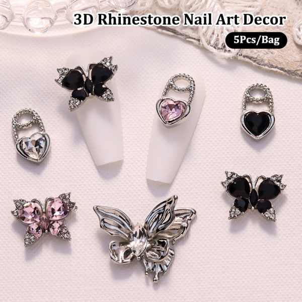 5 kpl Nail Diamond Nail Art Decor Butterfly Love Heart Lock Halk A5