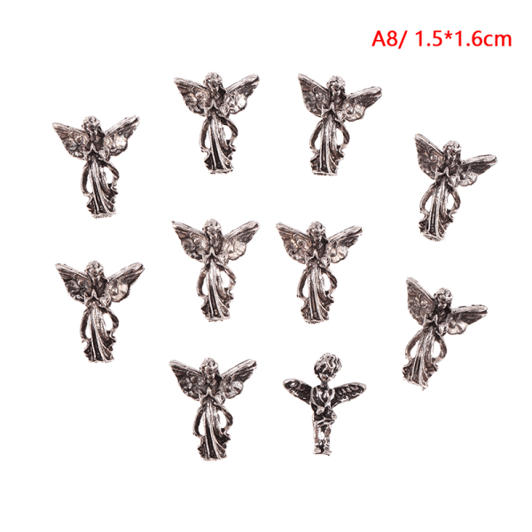 10 stk 3D Nail Charms Vintage Sølv Metal Krom Heart Cross N A8