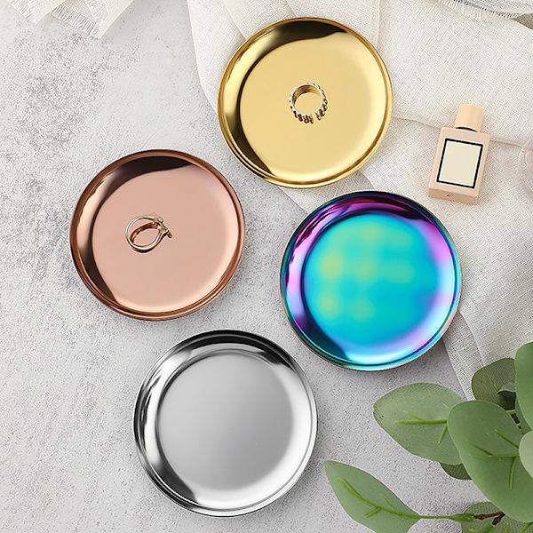 Ins rustfritt stål rundt oppbevaringsbrett Desktop Cosmetics Jewelr Gold