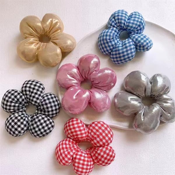 1 st blomformade hårscrunchies rutig denim glänsande stilar för E