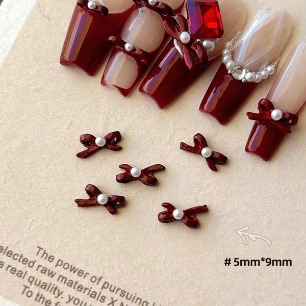 5 stk Nail Art Decoration Wine Red Pearl Bowknot Nail Art Charm A3 5Pcs