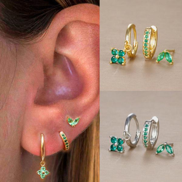 3st Gröna Kristall Zirconia Hoop Örhängen För Kvinnor Brosk P Gold&green