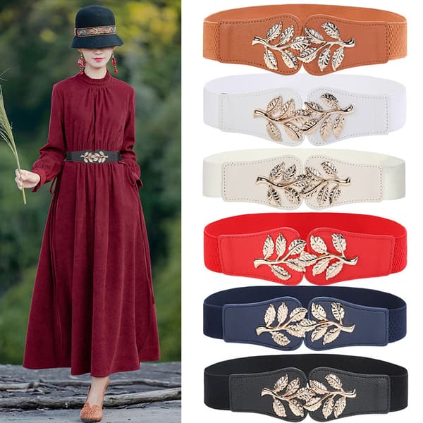 Elastisk slankebelte for kvinner mote retro metallbladskinn Red