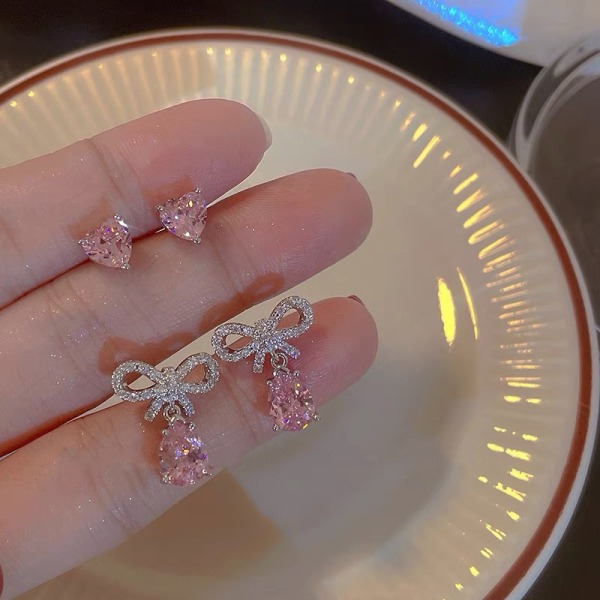 Elegante Udsøgte Pink Zircon Heart Sløjfe Øreringe Romantiske B