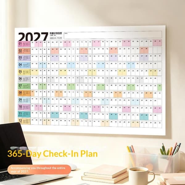 2027 Helårs vægkalender, tomme blokke, daglig planlægning A