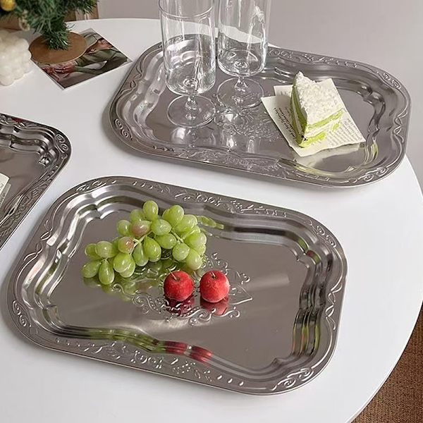 Rektangulær bakke i rustfrit stål med præget design opbevaring D M