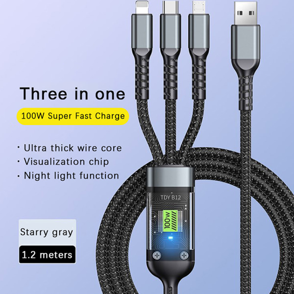 3-i-1 100W 5A hurtiglader USB til Type-C mikro hurtiglader C