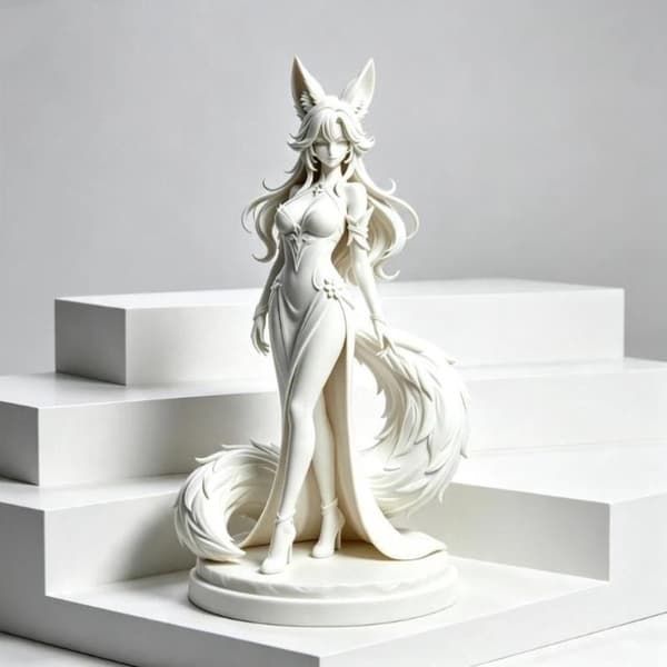 Elegant Kitsune-jente Ufarget PLA-skulptur Lang Fluffy Hale A1