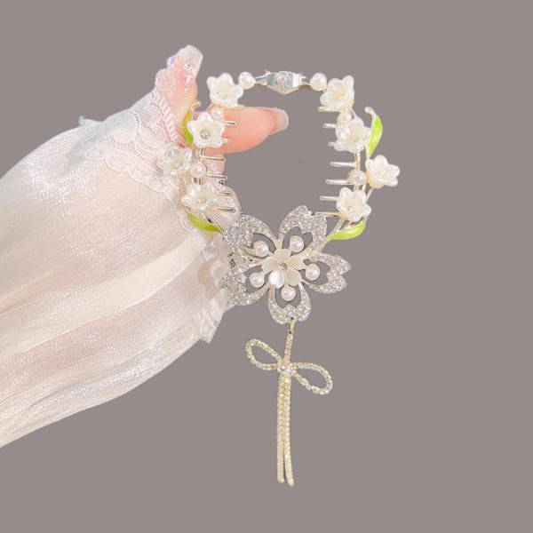 Elegant Flower Pearl tekojalokivi tupsu Pill Head Ponytail Buckl A7