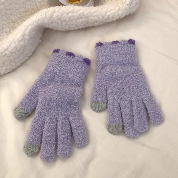Vinter varme plys handsker Candy Color Student Girl Knitted Touch Purple