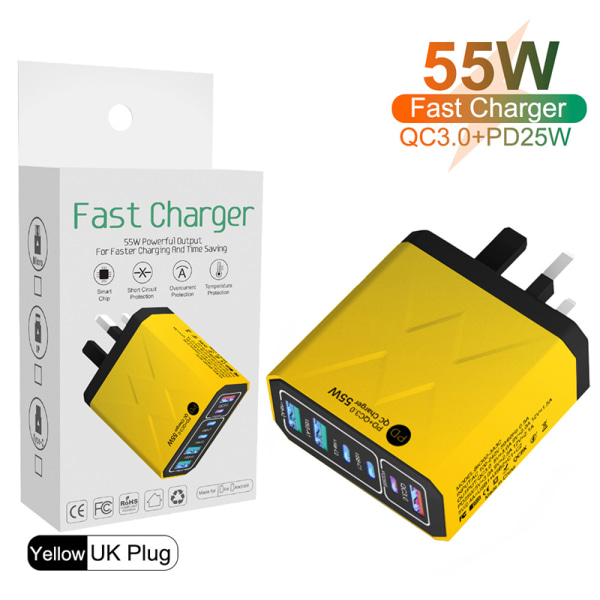 6 i 1 55W PD USB -laddare Snabbladdning Quick Charge 3.0 Travel UK