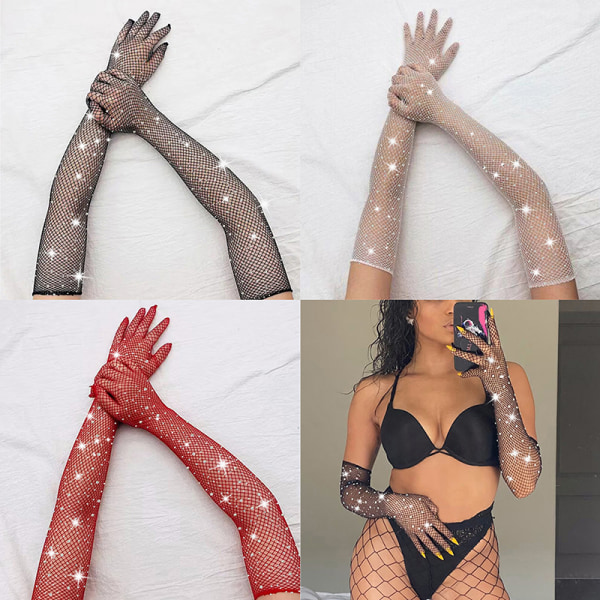 Sexy elastiske nettinghansker med fargede blinkende diamanter Punk kvinner Black
