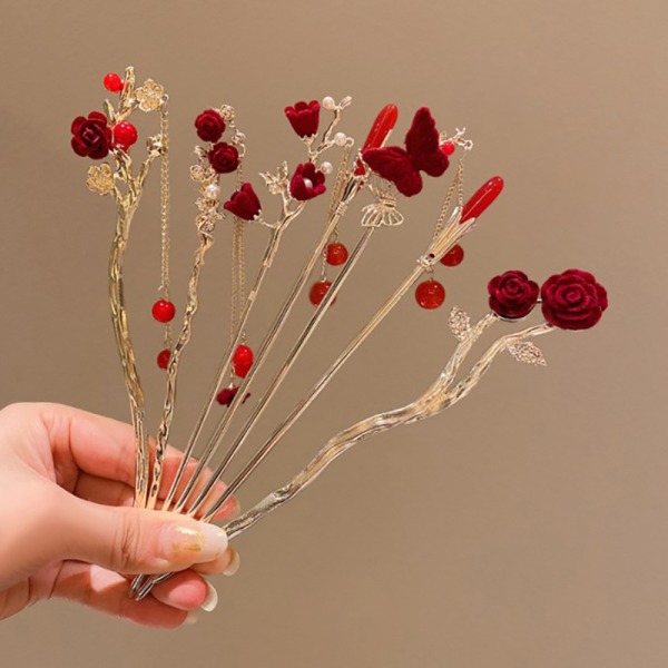 Retro Red Hair Stick Style Hanfu Tupsu Naisten Kukat Korut A3