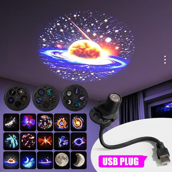 USB-driven galaxprojektor med flera planetmönster, flexibel hals A