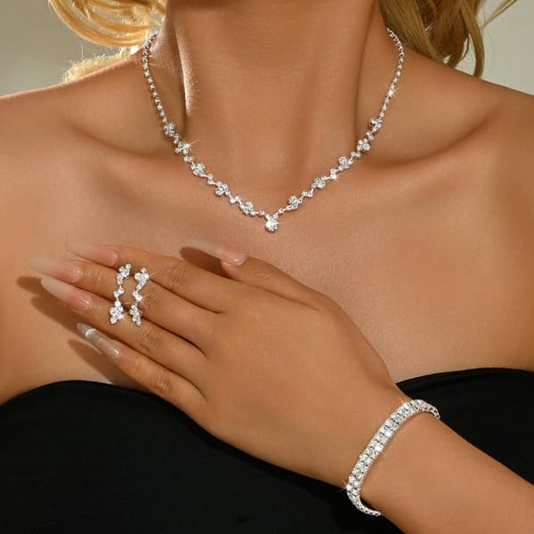 1 sæt enkel krystal choker halskæde øreringe sæt bryllup Silver