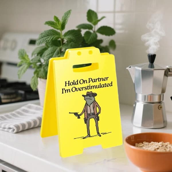 \"Håll i dig kompis, jag är överstimulerad\" Humoristisk skrivbordsskylt Prydnad A