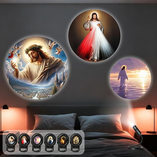 USB religiøs projektorlampe 6 mønstre kirke julekrybbe Maria H 1set