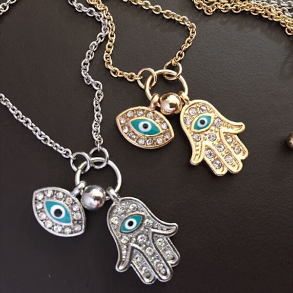 Fatima Palm Halskjede Evil Eye Hamsa Hand Chain Anheng smykker Gold