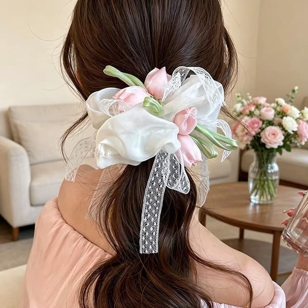 Hårscrunchies til kvinder, tulipaner, sød, blid blonde, alsidig elastik White