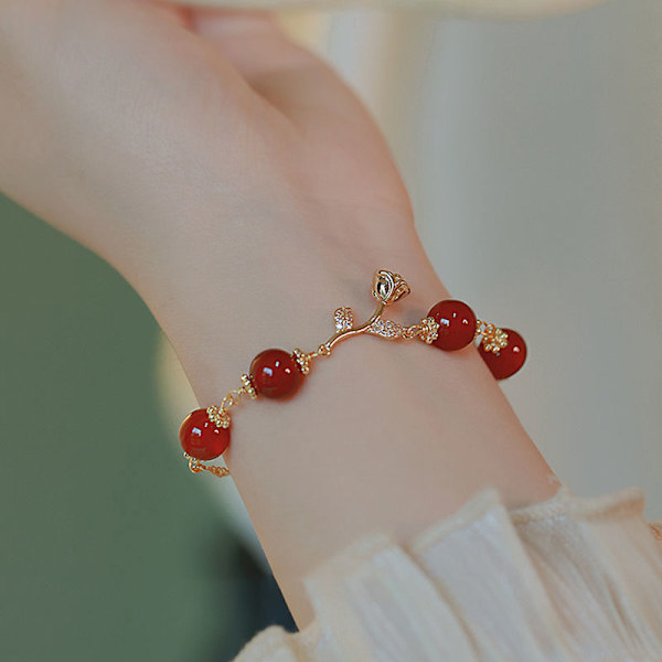 Golden Rose Natural Red Agate Round Beads Justerbart armband W